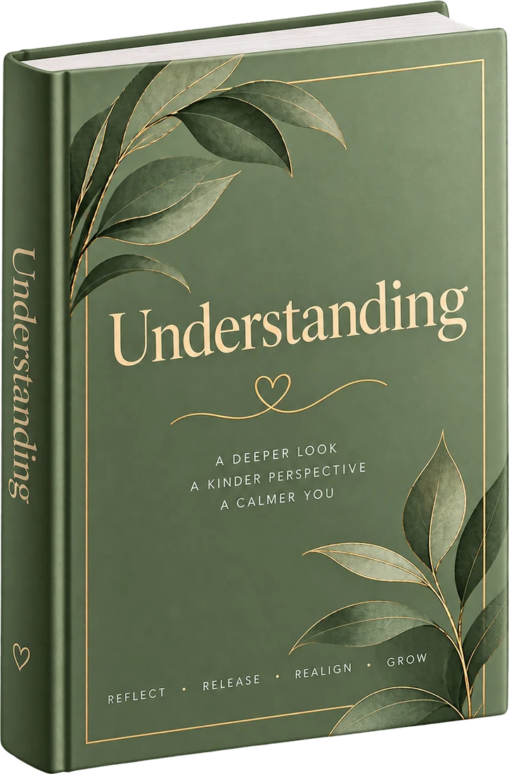 A green hardcover book titled Understanding, with the words: a deeper look, a kinder perspective, a calmer you.